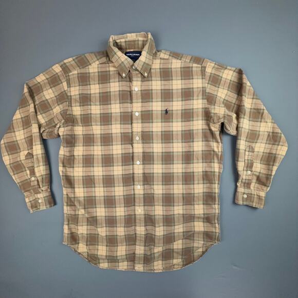 Ralph Lauren Golf Tilden Plaid Button Down Shirt Men M Tan Cotton Preppy - Picture 2 of 9
